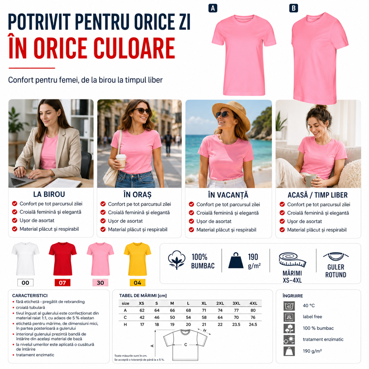 Tricou dama 100% bumbac potrivit pentru birou, oras, vacanta si timp liber